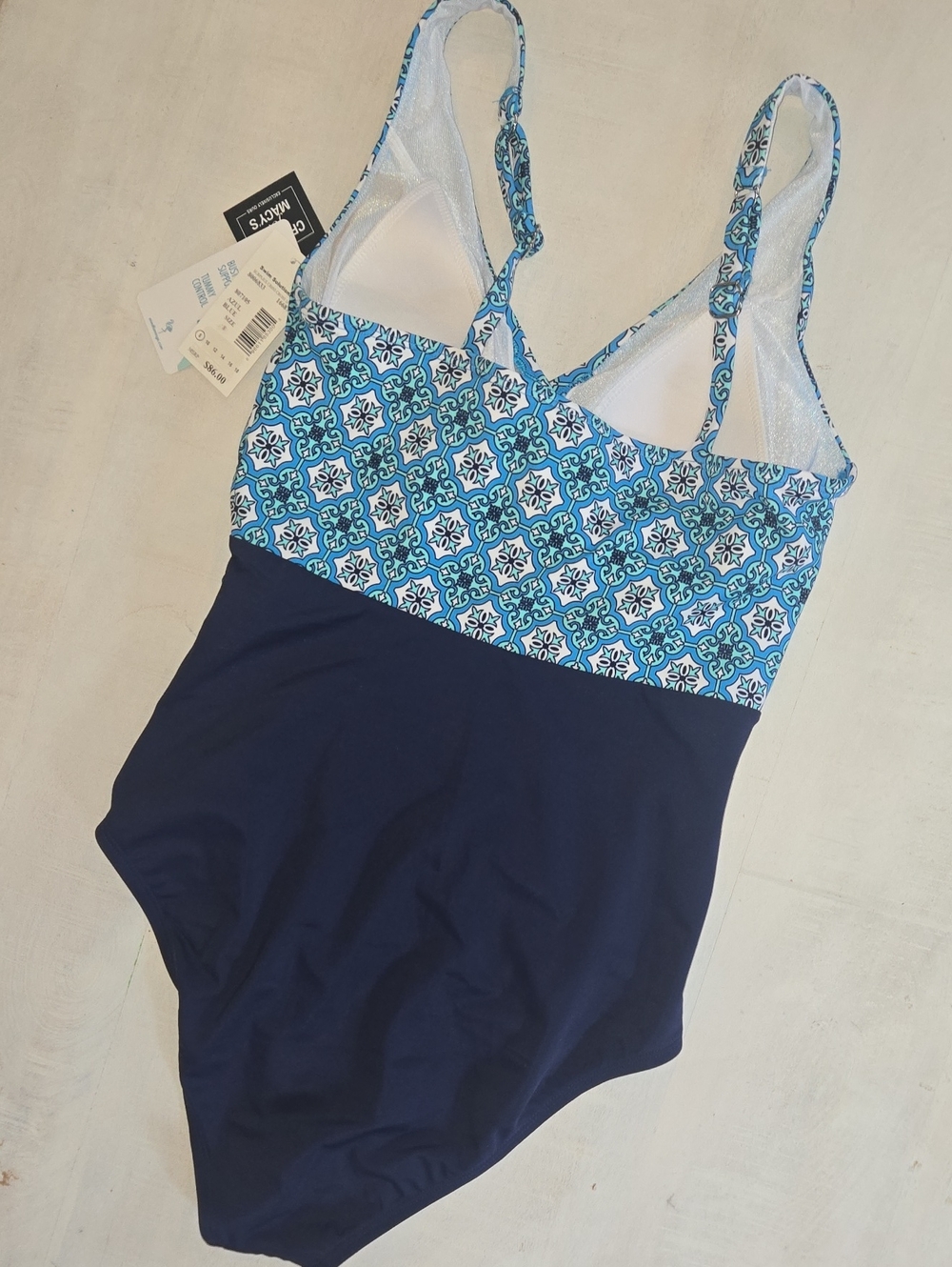 SWIM SOLUTIONS Blue Tile-Print One-Piece Swimsuit Tummy Control Bust Support NWT - Picture 3 of 6